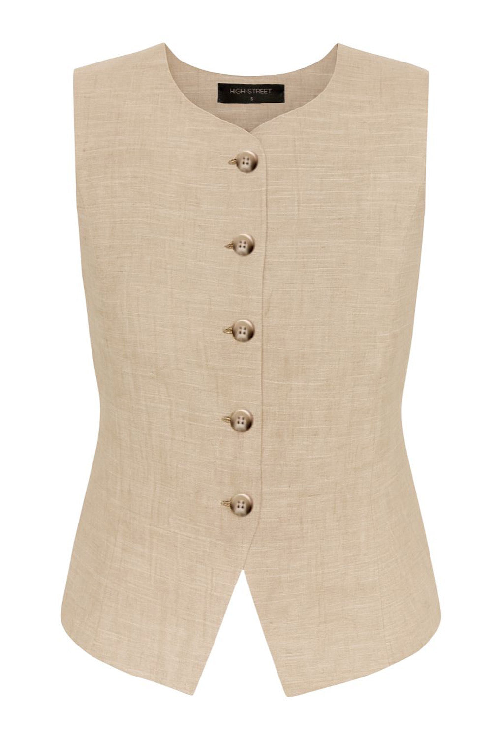 Chaleco ajustado de cuello redondo, pinzas frontales, fit recto, cierre frontal con hilera de botones en contraste y abertura frontal en bajo.