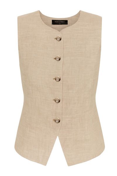 Chaleco ajustado de cuello redondo, pinzas frontales, fit recto, cierre frontal con hilera de botones en contraste y abertura frontal en bajo.