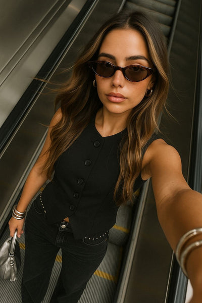 Chaleco de fit recto, cuello redondo, pinzas frontales, abertura en bajo y cierre frontal con hilera de botones.