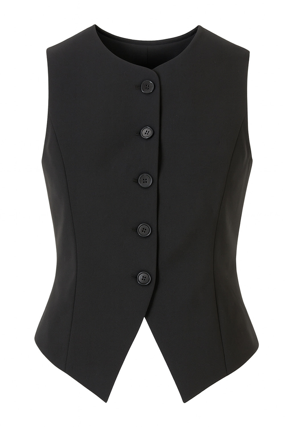 Chaleco de fit recto, cuello redondo, pinzas frontales, abertura en bajo y cierre frontal con hilera de botones.