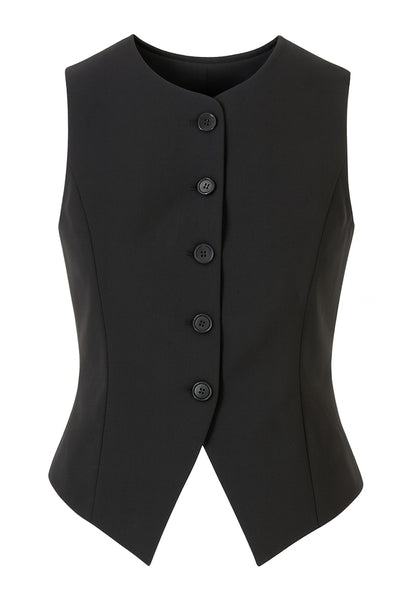 Chaleco de fit recto, cuello redondo, pinzas frontales, abertura en bajo y cierre frontal con hilera de botones.