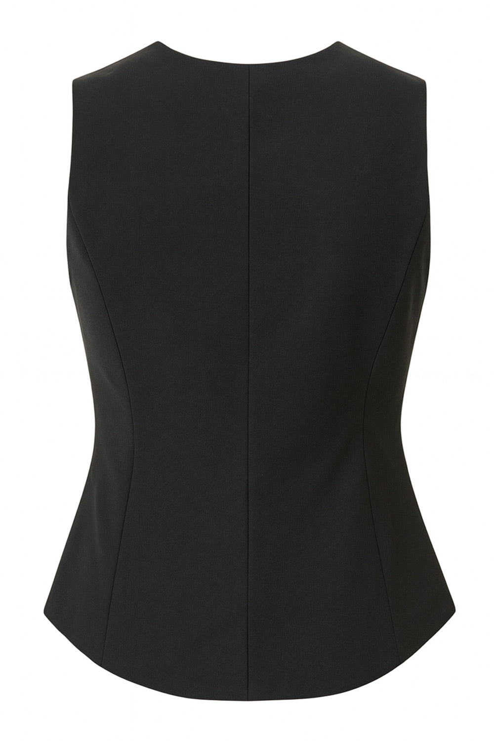 Chaleco de fit recto, cuello redondo, pinzas frontales, abertura en bajo y cierre frontal con hilera de botones.