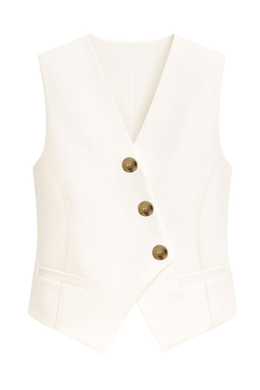 Chaleco asimétrico de recto, escote v, vivos decorativos delanteros y cierre frontal con hilera de botones en diagonal. Detalle de bajo asimétrico.