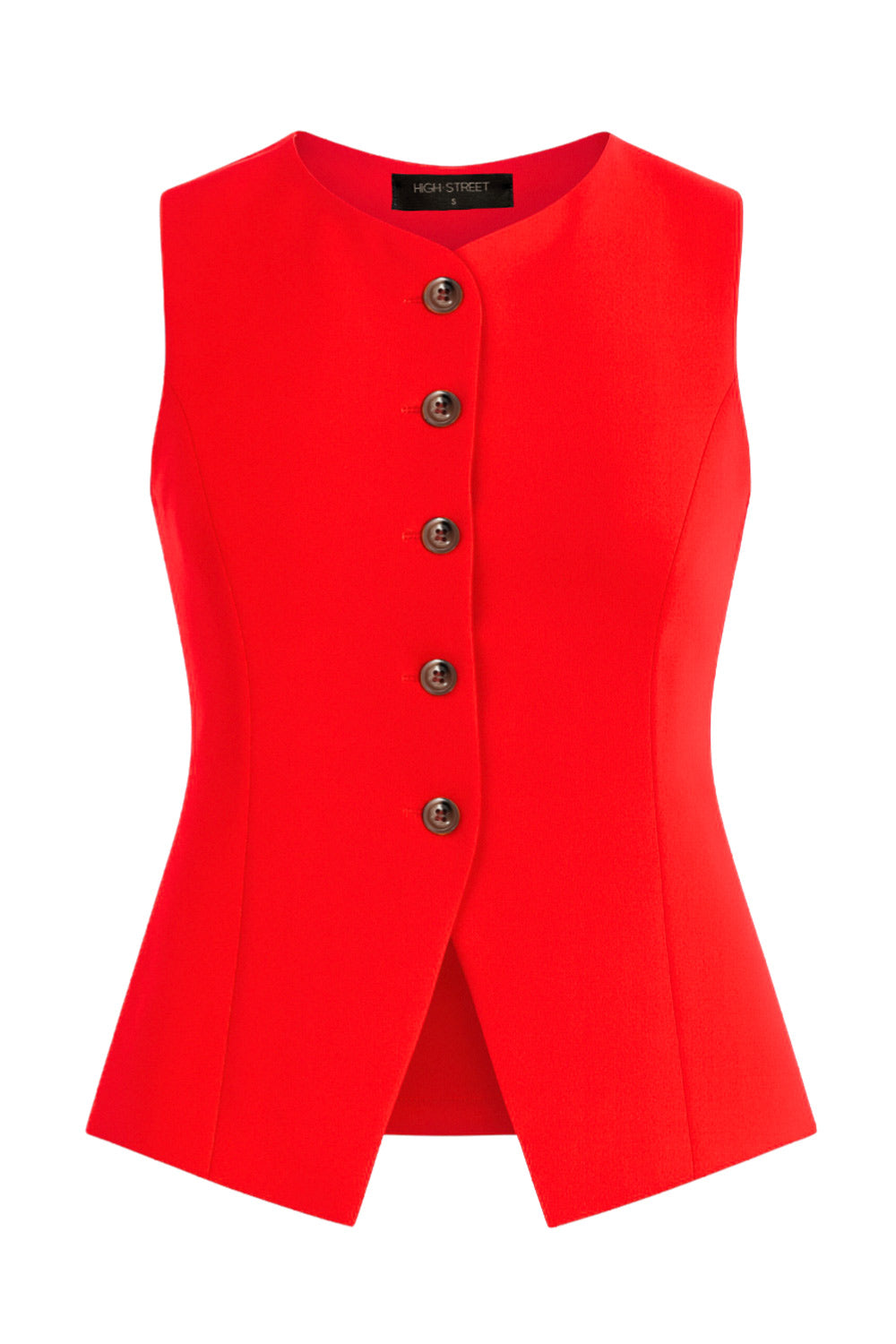 Chaleco ajustado con pinzas, cuello redondo, bajo curveado frontal y cierre con hilera de botones.
