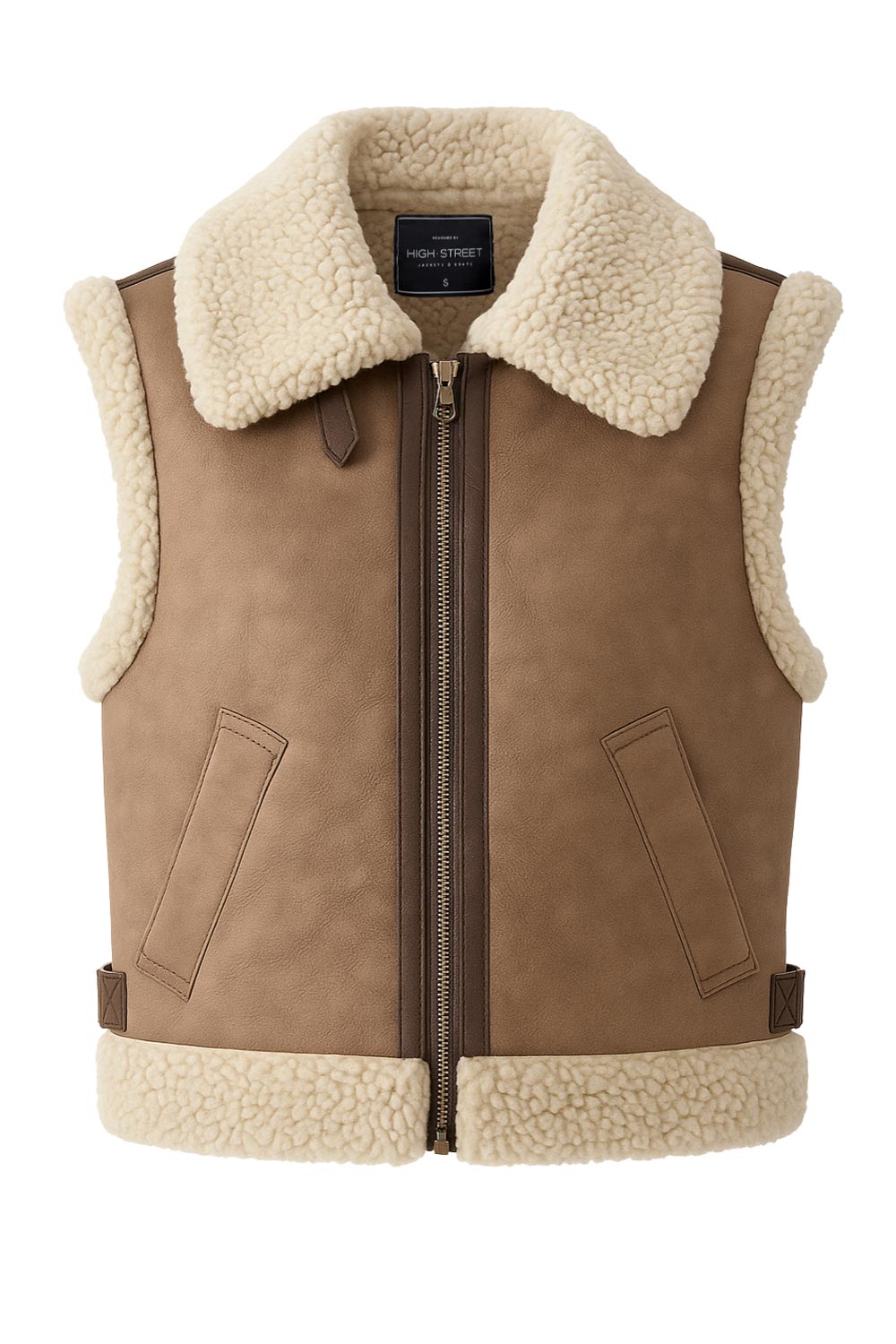 Chaleco corto de efecto piel, fit recto, cuello con solapa en contraste, bolsillos delanteros, trabillas laterales con hebillas en contraste y cierre frontal con cremallera. Detalle de borreguillo en contraste en interior, bordes y solapa.