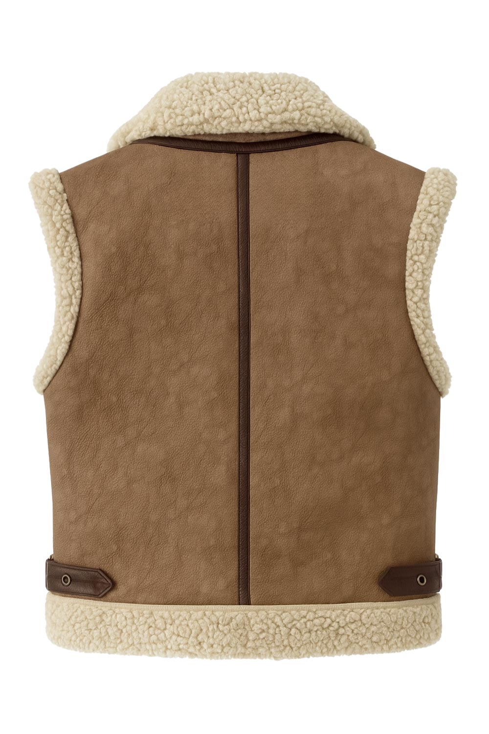 Chaleco corto de efecto piel, fit recto, cuello con solapa en contraste, bolsillos delanteros, trabillas laterales con hebillas en contraste y cierre frontal con cremallera. Detalle de borreguillo en contraste en interior, bordes y solapa.