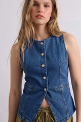 Short denim button-up vest