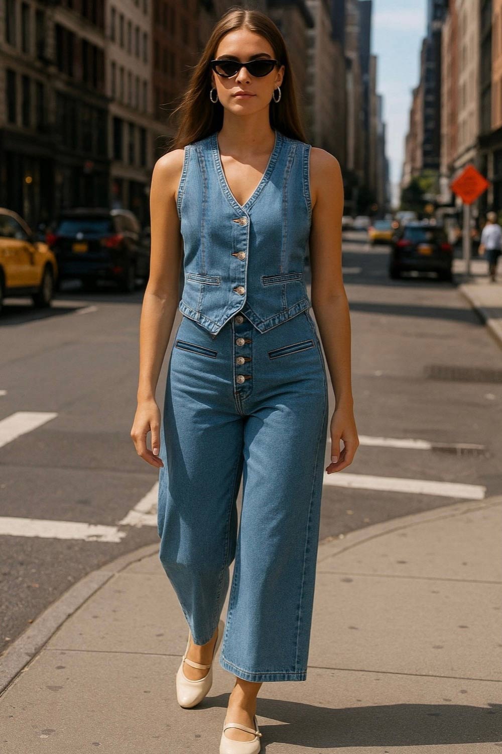 Chaleco corto de denim, escote v, pinzas con costuras frontales, vivos decorativos delanteros, trabilla posterior ajustable con hebilla y cierre frontal con hilera de botones.