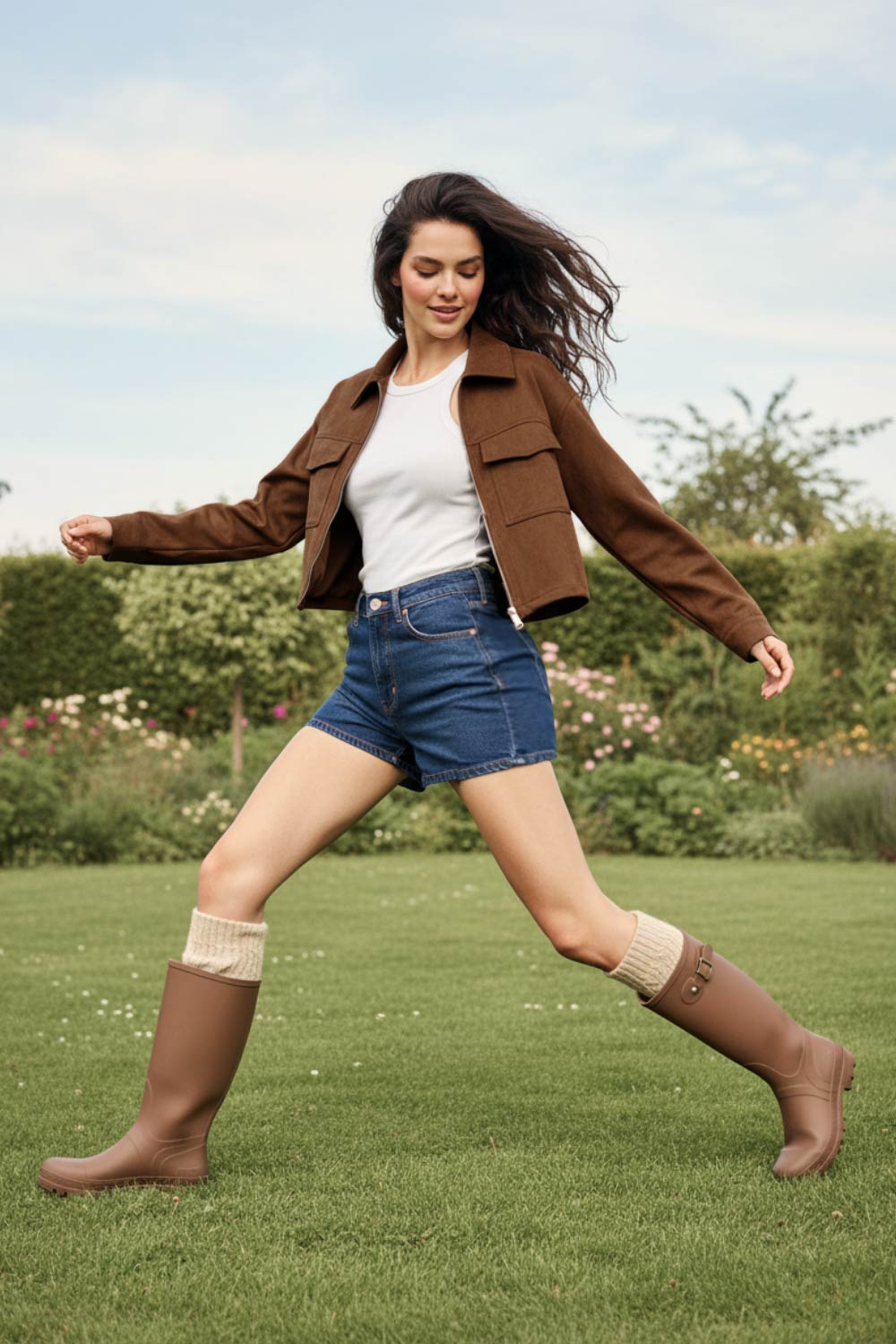 Chamarra corta de gamuza, fit recto, manga larga con puño abotonado, cuello sport, bolsillos frontales de parche con cartera y cierre frontal con cremallera visible en contraste.