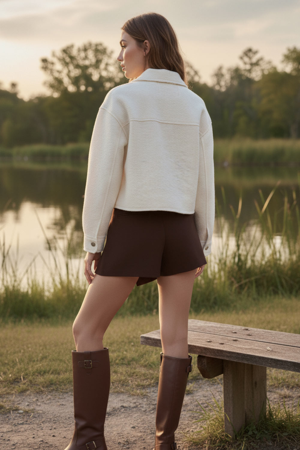 Chamarra corta de borreguillo, fit recto, manga larga con puño abotonado, cuello solapa, bolsillos frontales de parche con cartera y cierre frontal con cremallera visible en contraste.