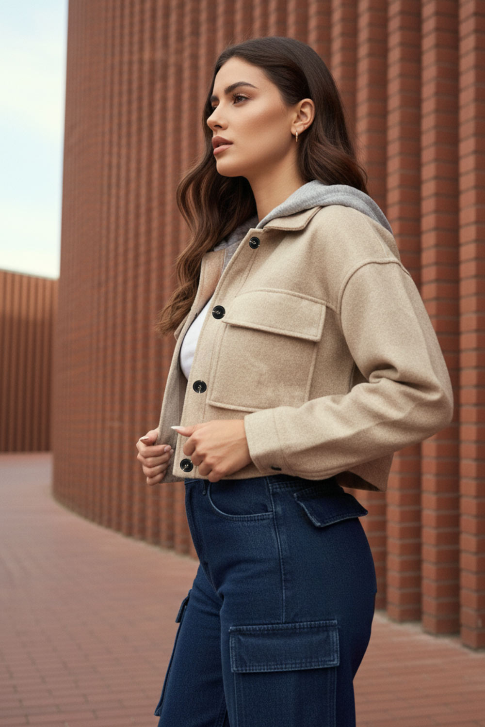 Chamarra corta de fit recto, manga larga con puño abotonado, cuello camisero, capucha en contraste, bolsillos delanteros de parche con cartera y cierre frontal con hilera de botones en contraste.