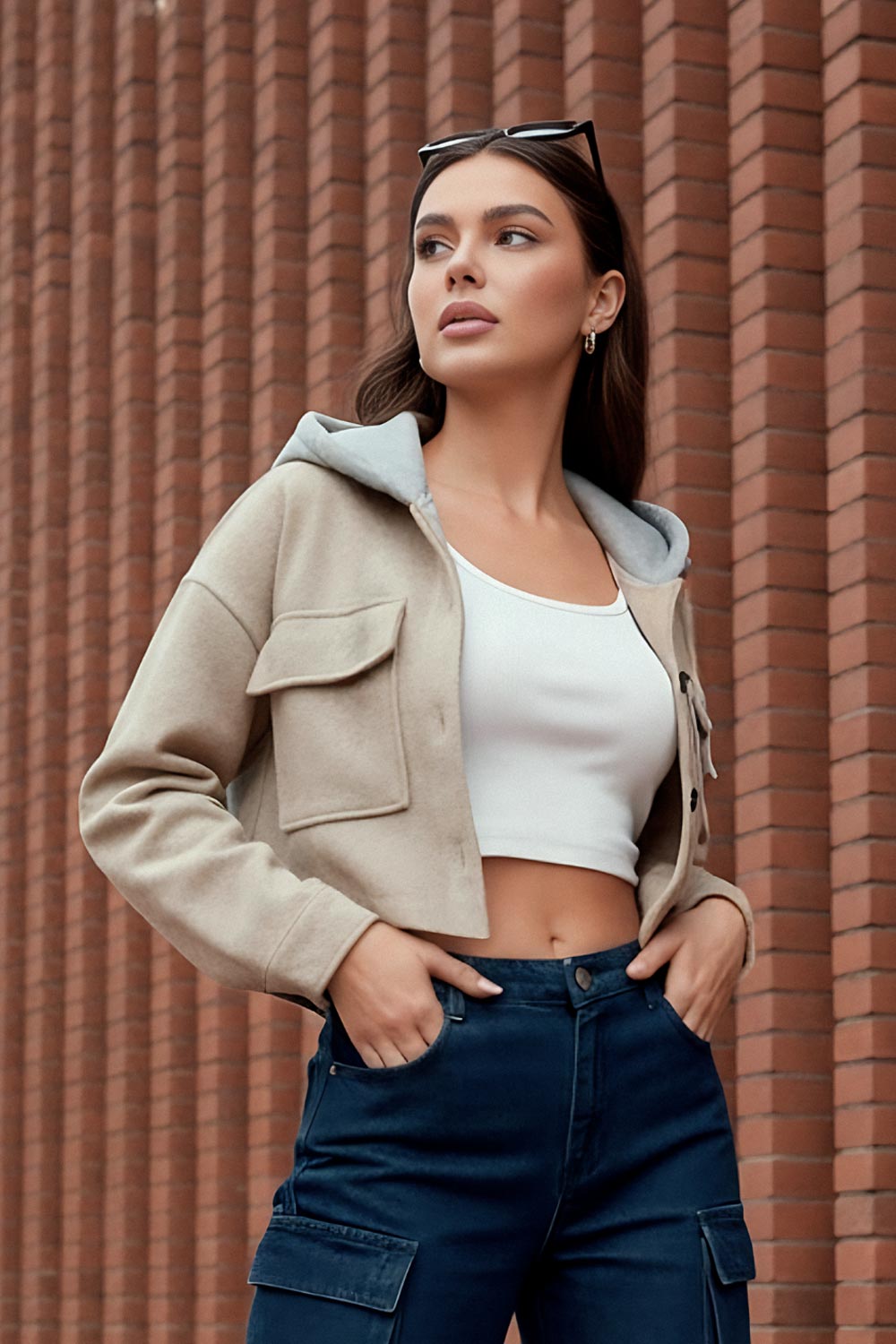 Chamarra corta de fit recto, manga larga con puño abotonado, cuello camisero, capucha en contraste, bolsillos delanteros de parche con cartera y cierre frontal con hilera de botones en contraste.