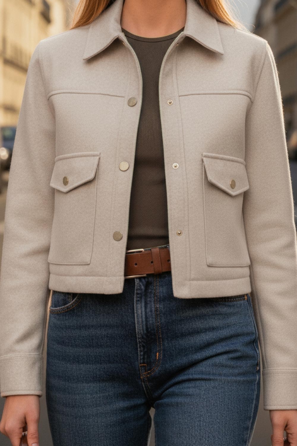 Chamarra corta de fit recto, cuello camisero, manga larga con puño abotonado, cortes decorativos frontales, bolsillos delanteros con cartera y botón. Cierre frontal con hilera de botones en contraste.