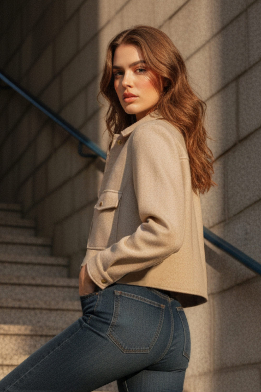 Chamarra corta de fit recto, cuello camisero, manga larga con puño abotonado, bolsillos delanteros con cartera y botón. Cierre frontal con hilera de botones en contraste.