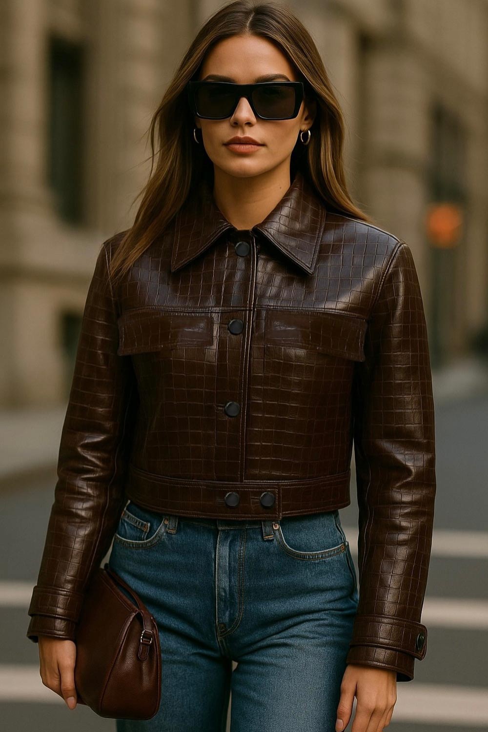 Chamarra corta de efecto piel, textura animal, cuello solapa, bolsillos delanteros decorativos con cartera, fit recto, manga larga con trabilla y botón en puños. Cierre frontal con hilera de botones y detalle de pretina en cintura.