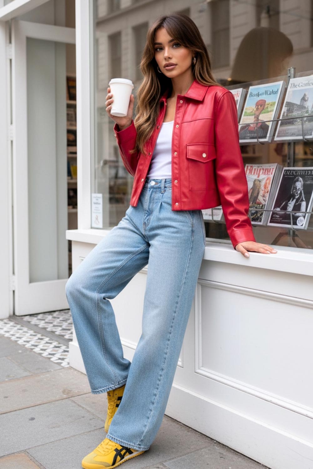 Chamarra corta de efecto piel, fit recto, cuello camisero, manga larga con puño abotonado, bolsillos delanteros de parche con botones y cierre frontal con botones de presión en contraste.