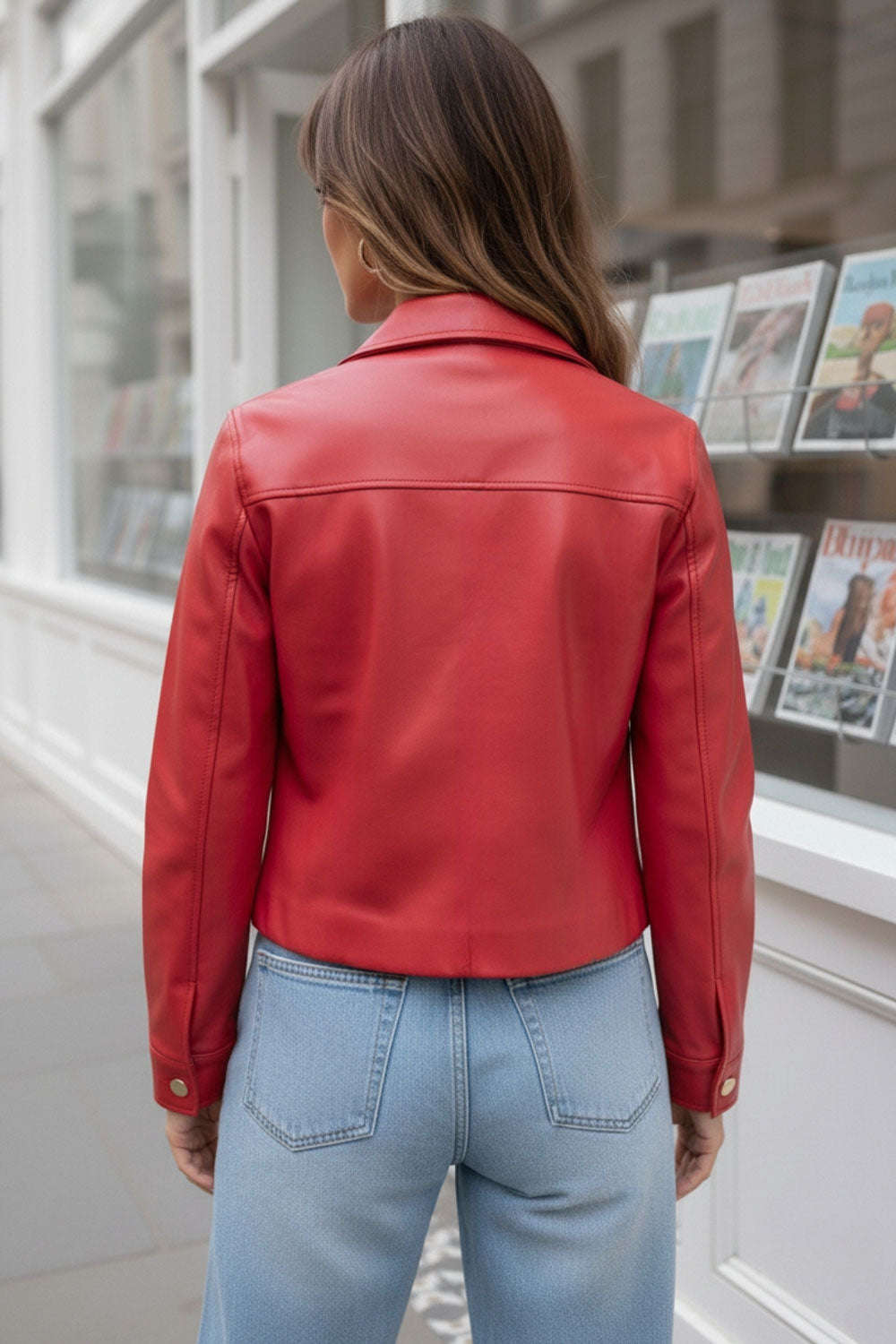 Chamarra corta de efecto piel, fit recto, cuello camisero, manga larga con puño abotonado, bolsillos delanteros de parche con botones y cierre frontal con botones de presión en contraste.