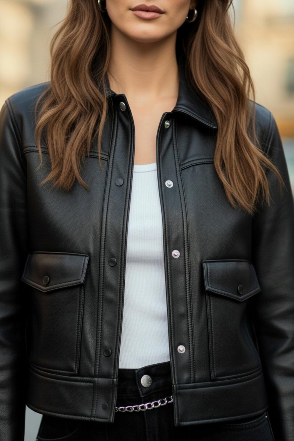 Chamarra corta de efecto piel, fit recto, cuello camisero, manga larga con puño abotonado, bolsillos delanteros de parche con cartera y botón. Cierre frontal con hilera de botones.