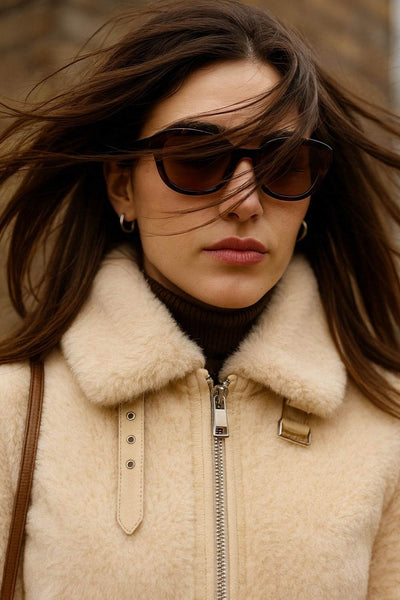 Chamarra corta de efecto pelo, cuello solapa, fit recto, trabillas decorativas en contraste con hebillas en cuello y puños. Cierre frontal con cremallera visible en contraste.