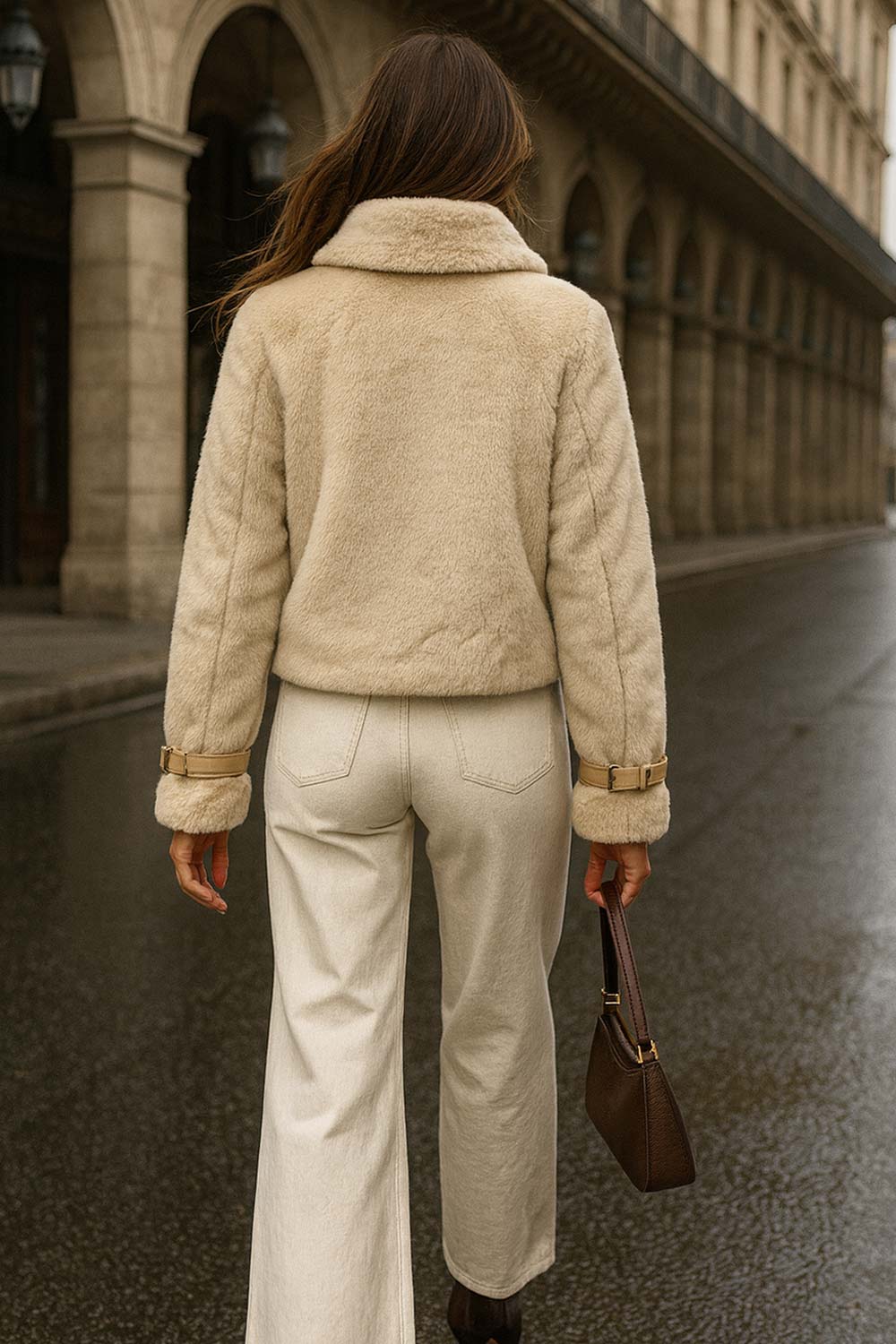 Chamarra corta de efecto pelo, cuello solapa, fit recto, trabillas decorativas en contraste con hebillas en cuello y puños. Cierre frontal con cremallera visible en contraste.