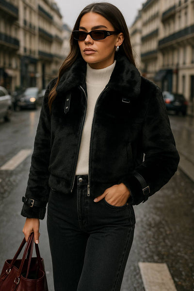 Chamarra corta de efecto pelo, cuello solapa, fit recto, trabillas decorativas en contraste con hebillas en cuello y puños. Cierre frontal con cremallera visible en contraste.