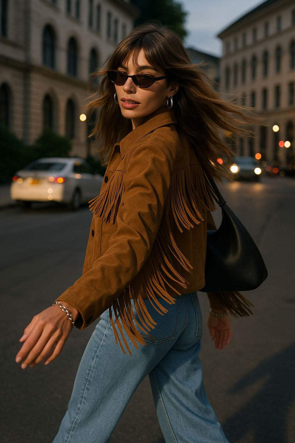 Chamarra corta de gamuza, cuello solapa, fit recto, manga larga con flecos y cierre frontal con hilera de botones en contraste. Detalle frontal y posterior de flecos.
