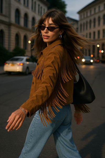 Chamarra corta de gamuza, cuello solapa, fit recto, manga larga con flecos y cierre frontal con hilera de botones en contraste. Detalle frontal y posterior de flecos.