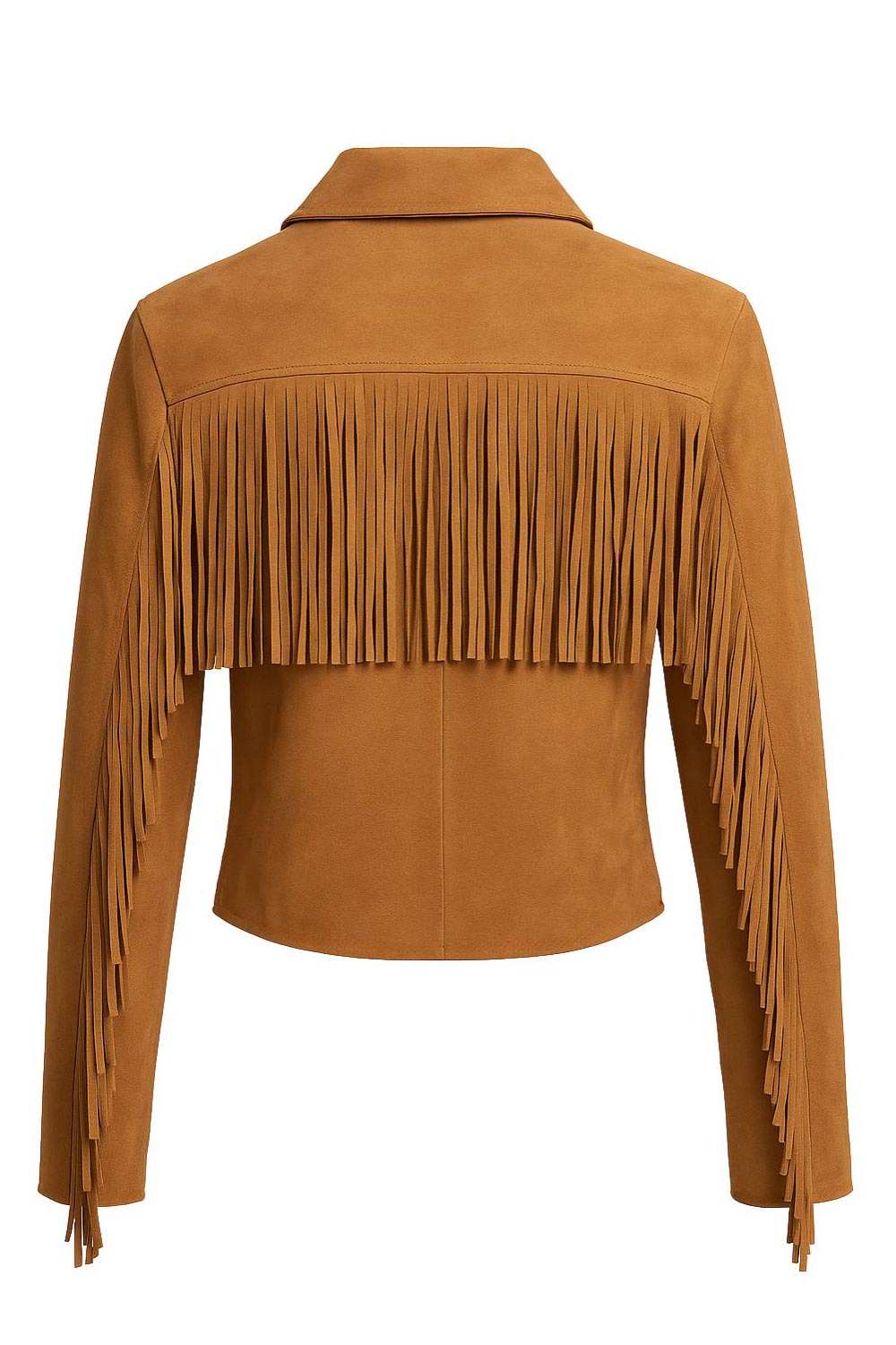 Chamarra corta de gamuza, cuello solapa, fit recto, manga larga con flecos y cierre frontal con hilera de botones en contraste. Detalle frontal y posterior de flecos.