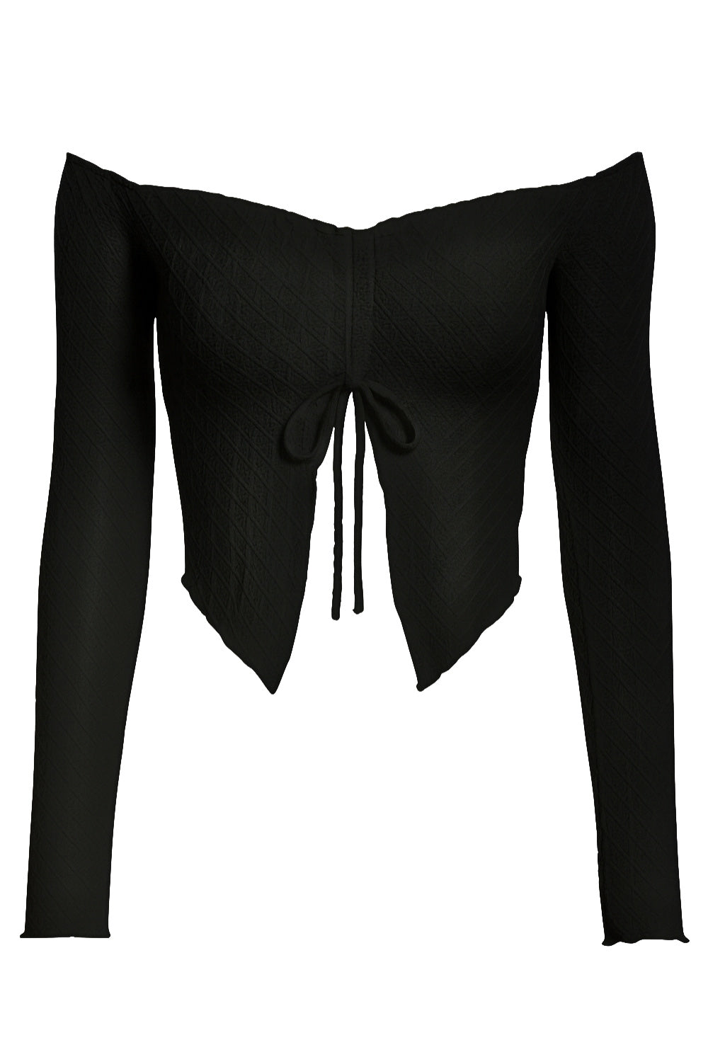 Crop top de fit ajustado, hombros descubiertos, manga larga, escote v con plisados y jareta ajustable, bajo frontal asimétrico con abertura frontal en v y costura decorativa. Detalle de rib rizado en bordes y textura de tejido.