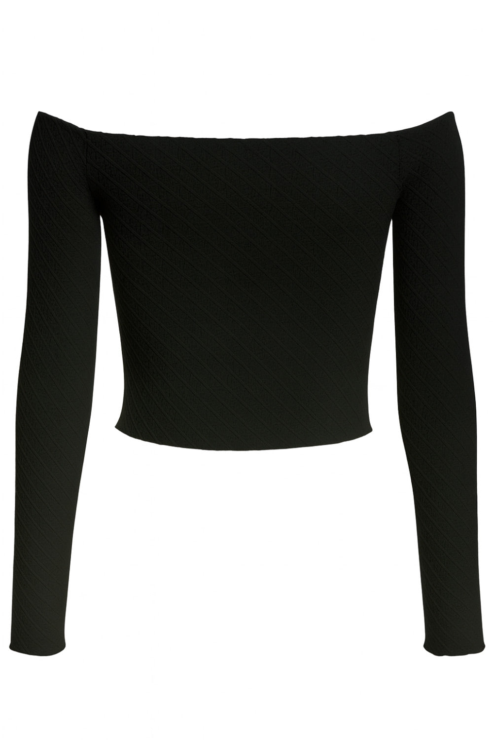 Crop top de fit ajustado, hombros descubiertos, manga larga, escote v con plisados y jareta ajustable, bajo frontal asimétrico con abertura frontal en v y costura decorativa. Detalle de rib rizado en bordes y textura de tejido.