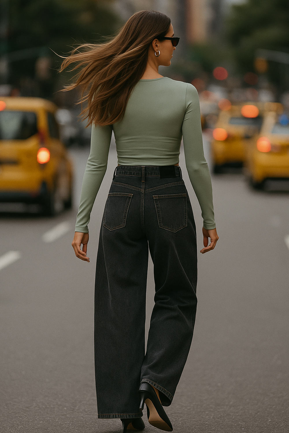 Crop top de escote v cruzado con plisados frontales, manga larga y fit ajustado.