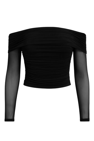 Crop top de mesh, fit ajustado, hombros descubiertos, manga larga, escote recto con doblez y plisados decorativos. Detalle de mangas en contraste.