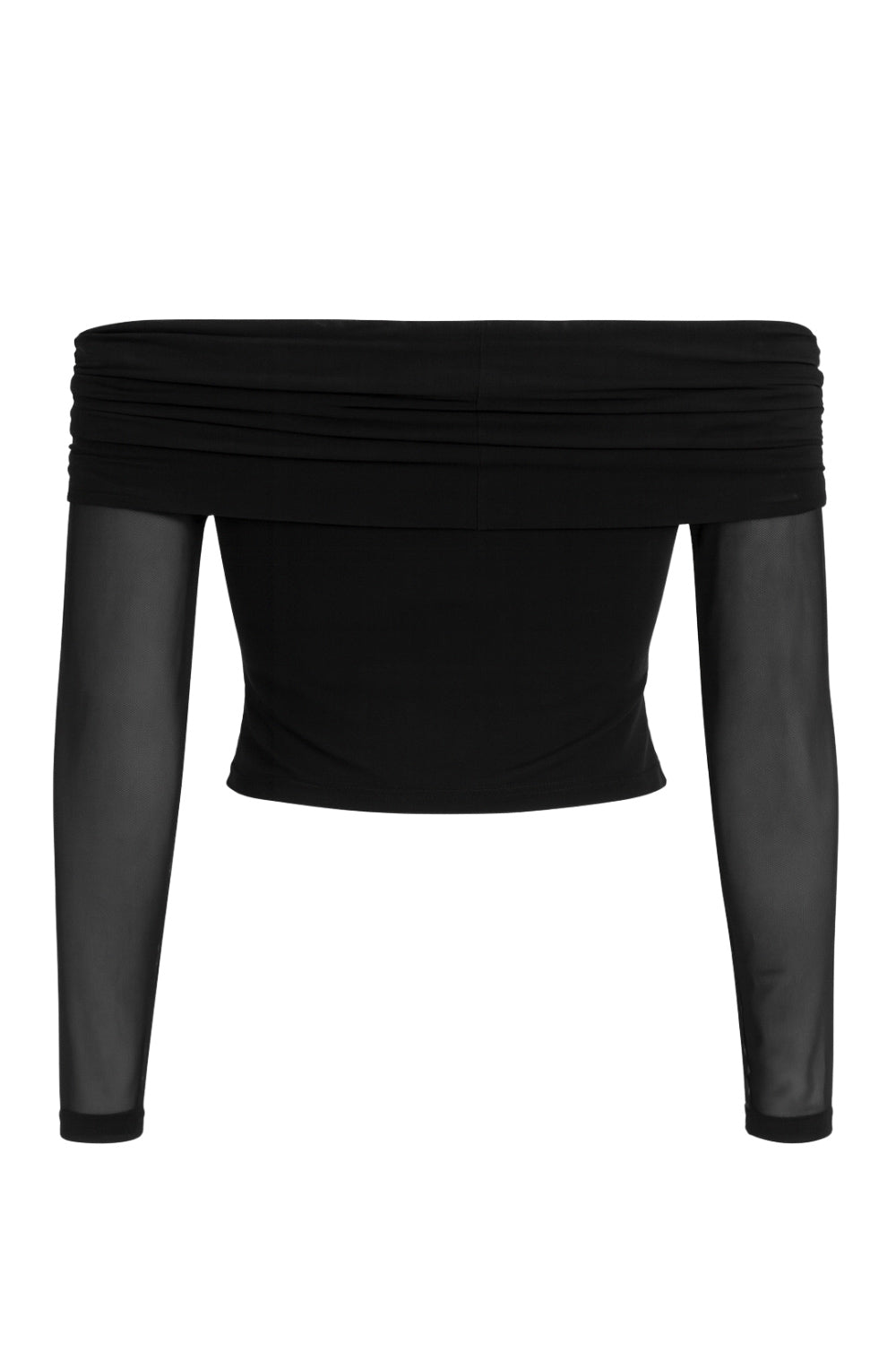 Crop top de mesh, fit ajustado, hombros descubiertos, manga larga, escote recto con doblez y plisados decorativos. Detalle de mangas en contraste.