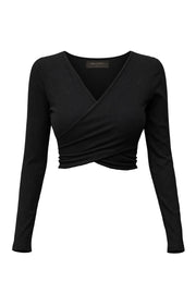 Crop top canalé de fit ajustado, escote v cruzado, plisados en costados y manga larga.