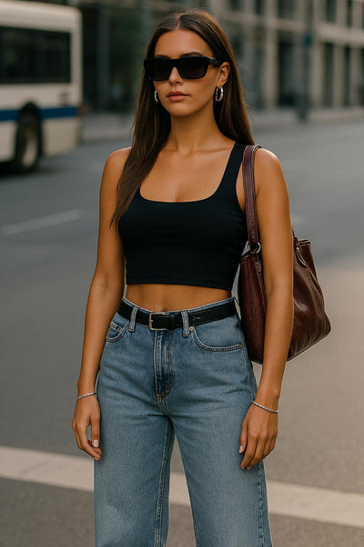 Crop top de tirantes, cuello redondo y fit ajustado.