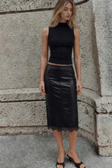 Falda midi efecto piel con encaje