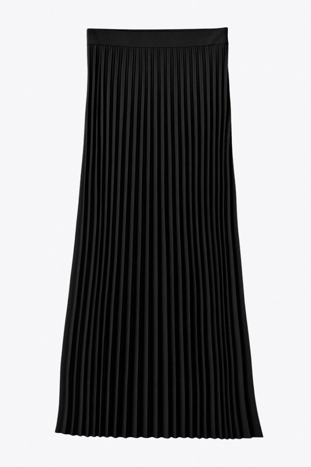 Falda midi plisada, cintura alta con pretina y cierre con cremallera oculta lateral.