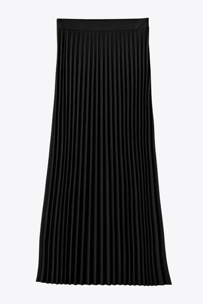 Falda midi plisada, cintura alta con pretina y cierre con cremallera oculta lateral.