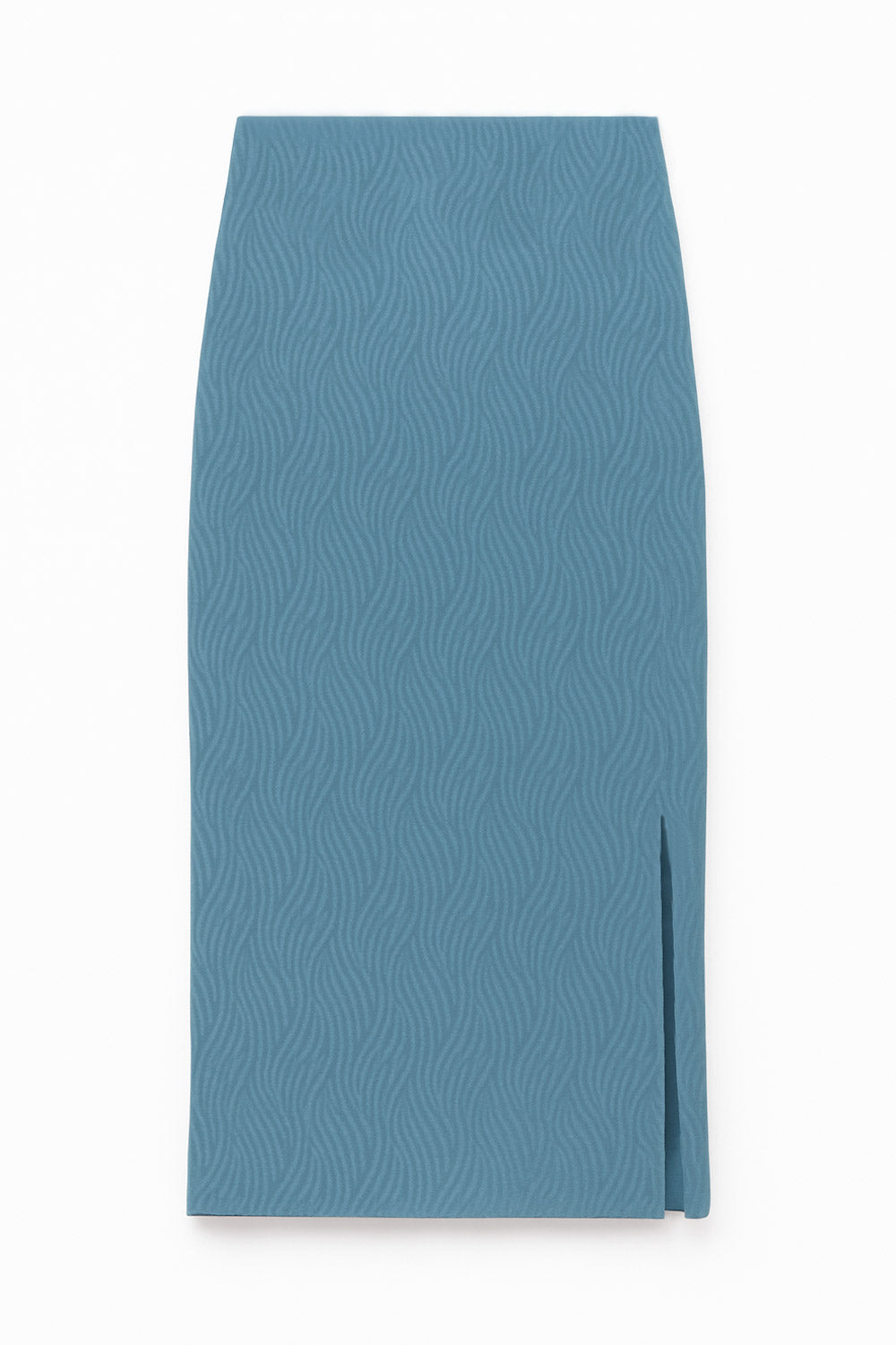 Falda midi de fit ajustado, cintura media elástica, abertura lateral en bajo y detalle de textura en tejido.