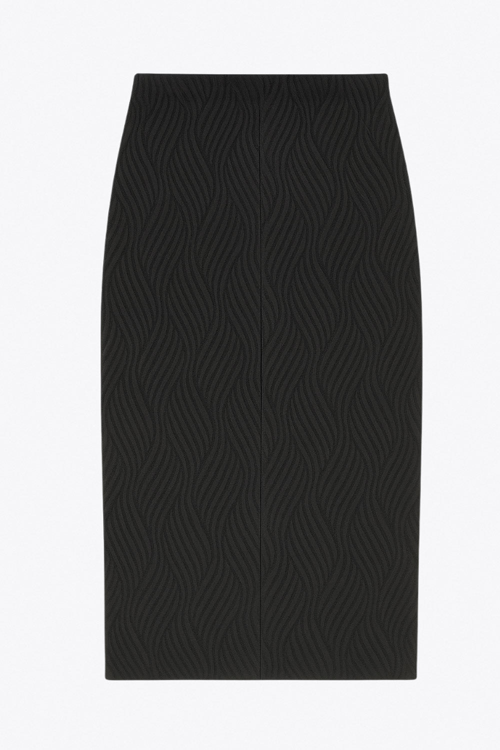 Falda midi de fit ajustado, cintura media elástica, abertura lateral en bajo y detalle de textura en tejido.