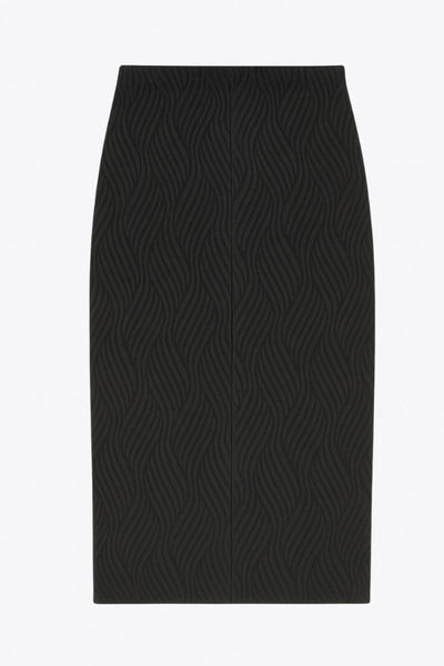 Falda midi de fit ajustado, cintura media elástica, abertura lateral en bajo y detalle de textura en tejido.