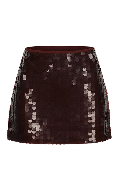 Falda corta de lentejuelas, fit ajustado y cintura alta elástica.