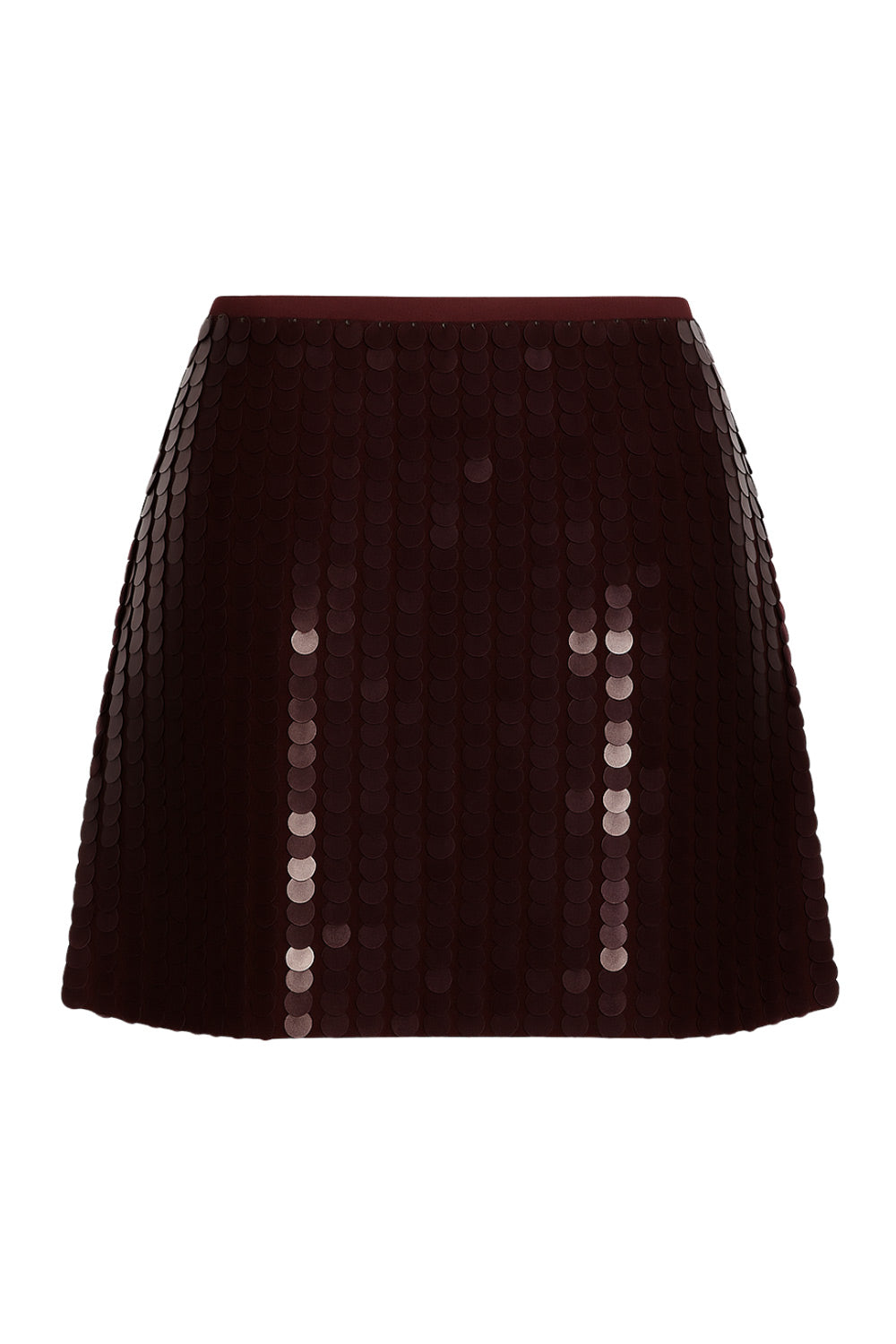 Falda corta de lentejuelas, fit ajustado y cintura alta elástica.