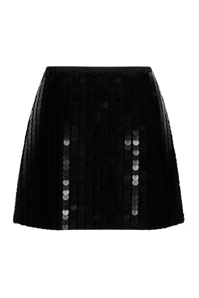 Falda corta de lentejuelas, fit ajustado y cintura alta elástica.