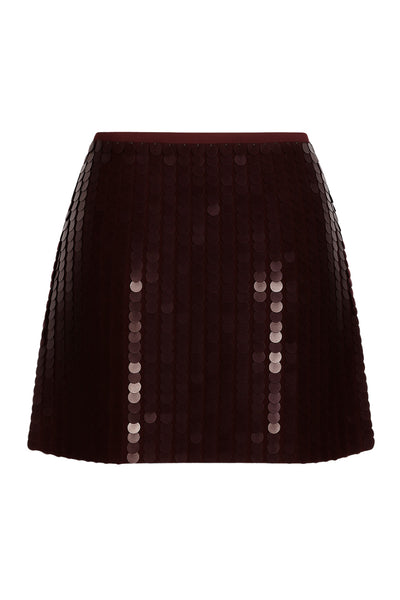 Falda corta de lentejuelas, fit ajustado y cintura alta elástica.