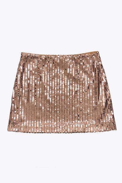 Falda corta de lentejuelas, fit ajustado y cintura alta elástica.