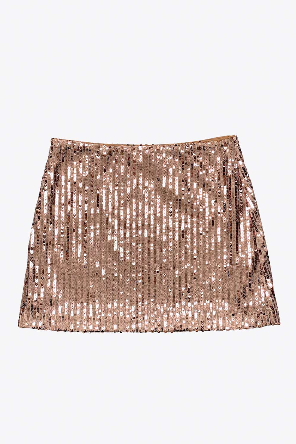 Falda corta de lentejuelas, fit ajustado y cintura alta elástica.