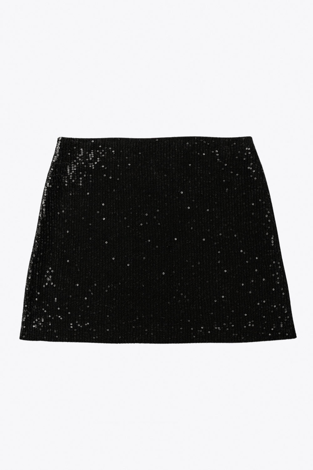 Falda corta de lentejuelas, fit ajustado y cintura alta elástica.