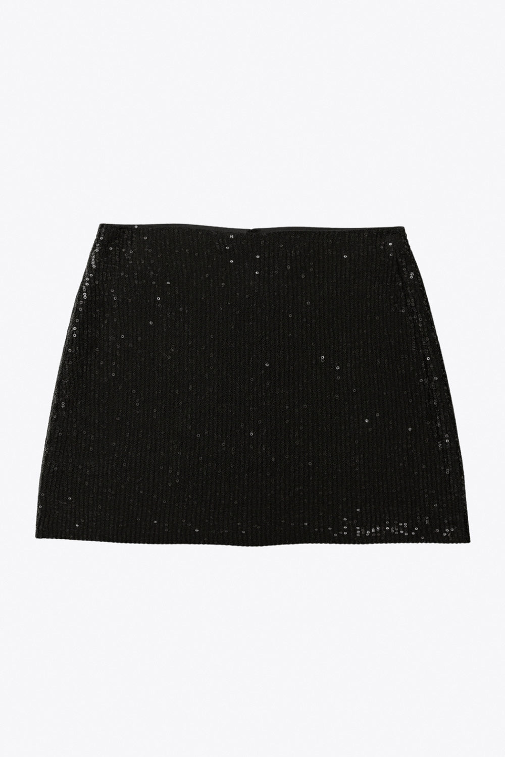 Falda corta de lentejuelas, fit ajustado y cintura alta elástica.