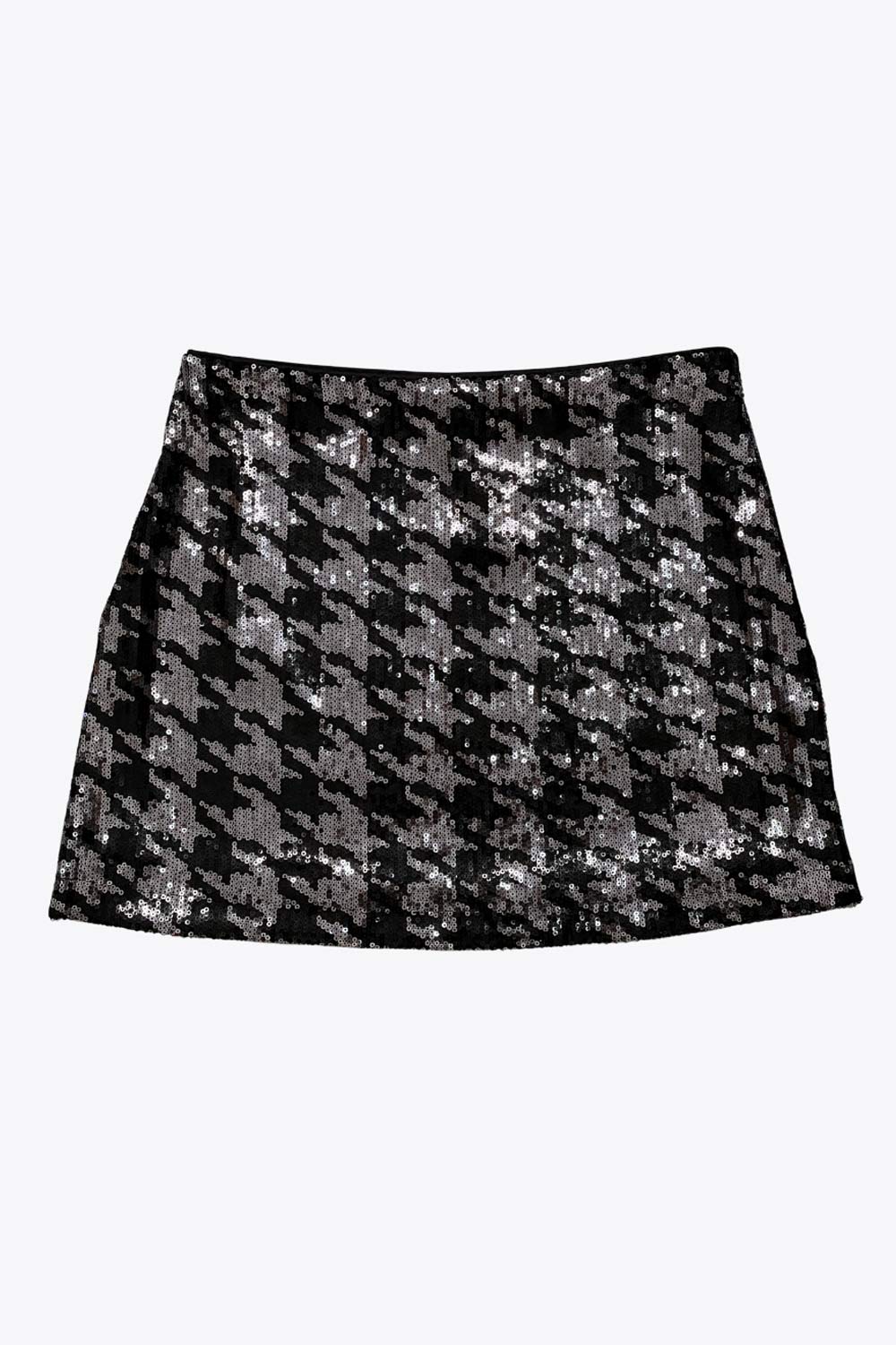 Falda corta de lentejuelas, estampado pata de gallo, fit ajustado, cintura alta y cierre lateral con cremallera oculta.
